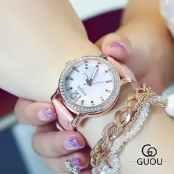 Роскошные AAA бренд GUOU мода Diamond со стразами Bling Кварцевые часы Женское платье кожа часы женские наручные часы
