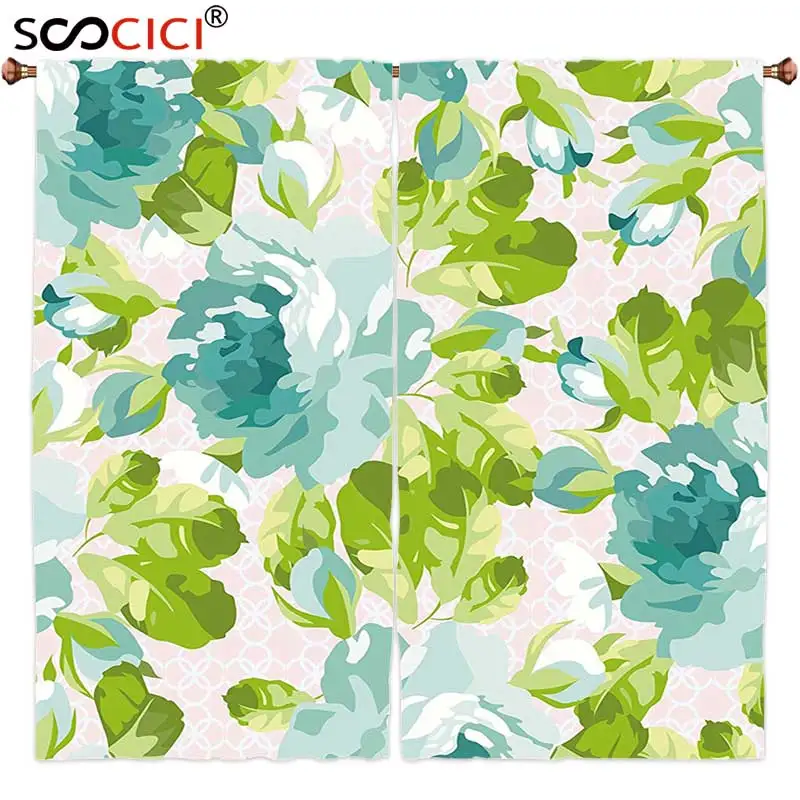 

Window Curtains Treatments 2 Panels,Shabby Chic Decor Tropical Botany Garden Theme Blue Roses Leaves Bouquets Turquoise Green