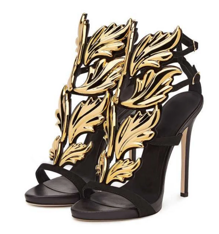 Hot sell women high heel sandals gold leaf flame gladiator sandal shoes ...