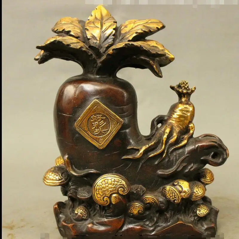 

zhaorui48843251+ +10" Folk Chinese Bronze Auspicious Panax Ginseng Ganoderma Radish Statue