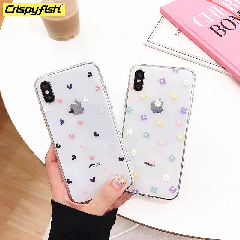 

Crispyfish Lovely Colorful Heart Transparent Case For iPhone 6 6s 7 8 Plus Flower Soft Case For iphone X Xs Max XR TPU Cover