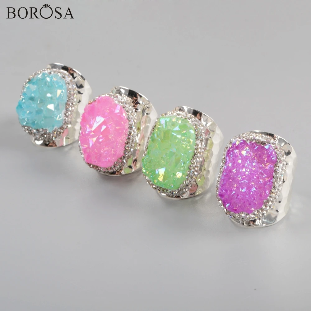 

BOROSA 5Pcs Silver Electroplating Agates Druzy Band Ring with Rhinestone Paved Rainbow AB Plating Druzy Rings Jewelry JAB965