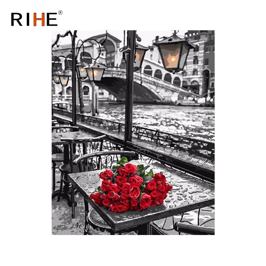 

RIHE Rose Street Table Diy Painting By Numbers River Oil Painting Cuadros Decoracion Acrylic Paint On Canvas Modern Wall Art