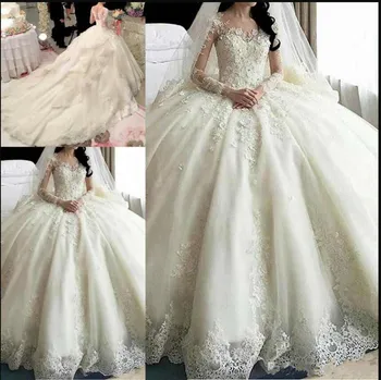 

Hot Sale Ball Gowns For Beautiful Brides Customized Wedding Dress with Illusion Back Covered With Buttons Vestidos De Novia Long