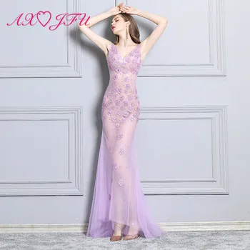 

AXJFU illusion v neck Perspective Sexy Long Banquet Screen evening Dresses Vehicle Exhibition Model Performing mermaid Dresses