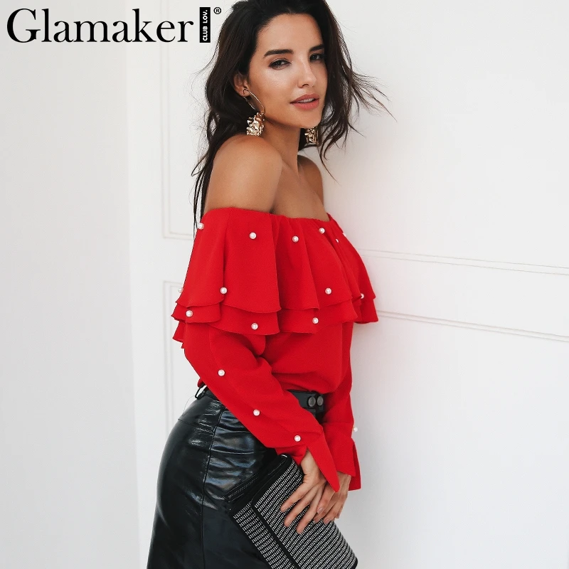 Женская блузка с открытыми плечами Glamaker Весенняя коллекция рубашка глубоким v