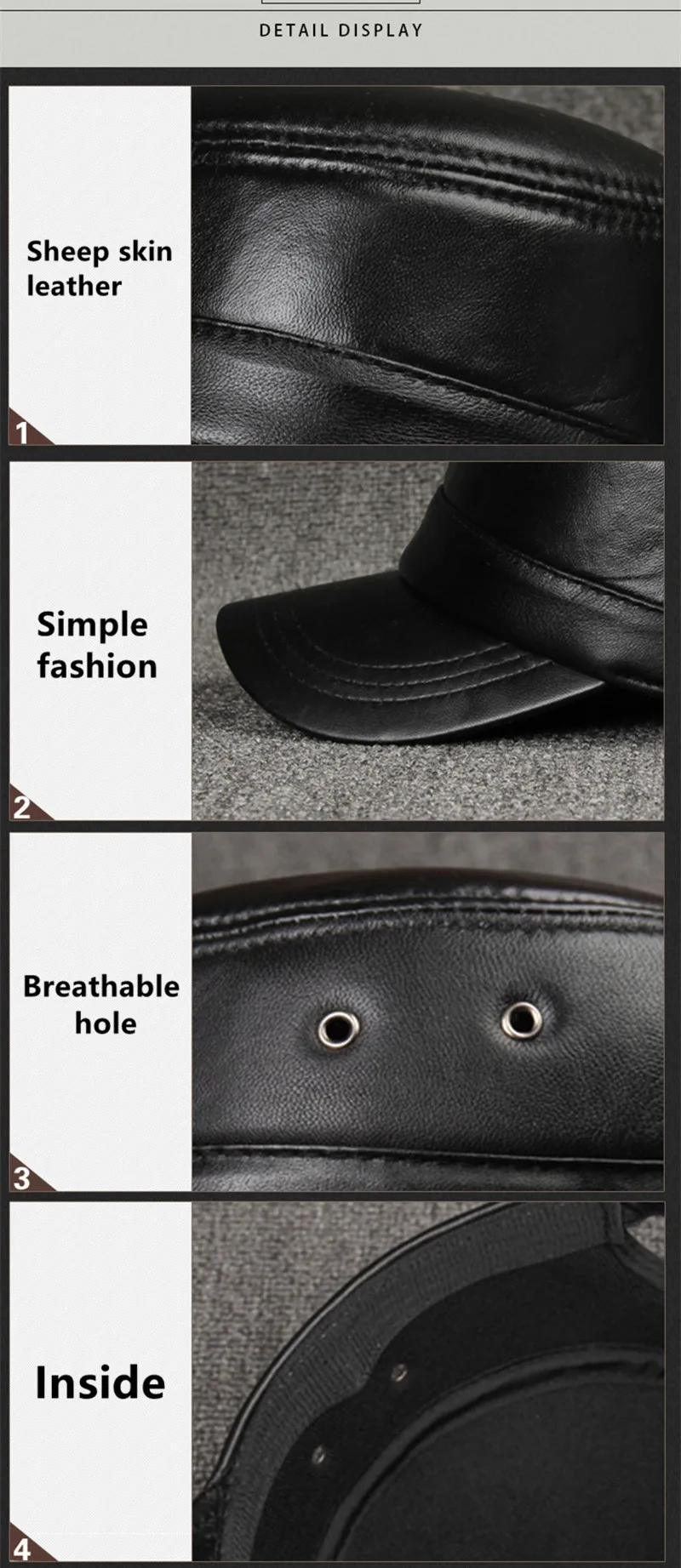 SILOQIN Winter Genuine Leather Hat Men's Sheepskin Military Caps Adjustable Male Bone Simple Solid Color Breathable Flat Cap