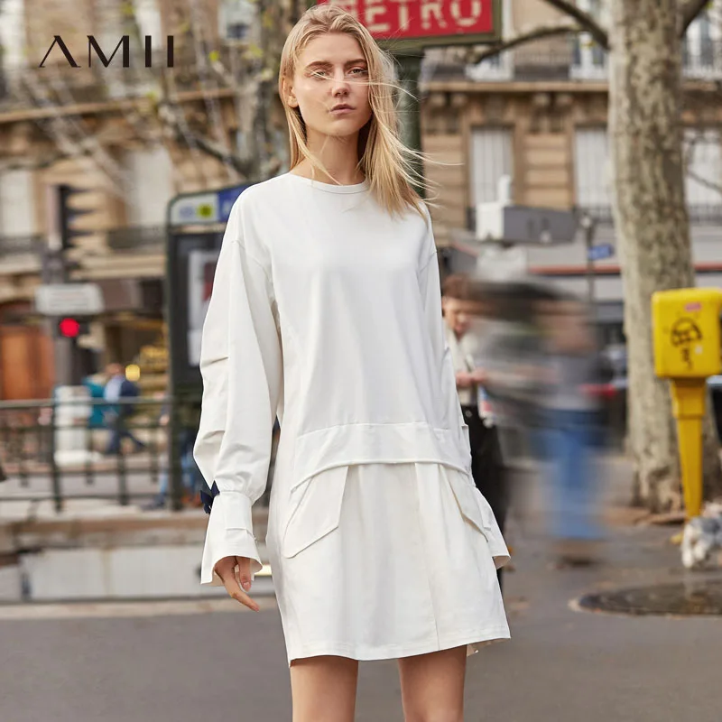 

Amii Causal Spring Dress Women 2018 Preppy Style Solid Long Sleeve 100% Cotton Patchwork Backless Female Midi Dresses