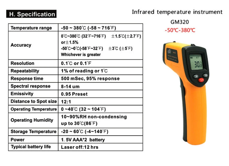Saful GM320 Инфракрасный Лучевой промышленный термометр с ЖК-дисплеем Высокоточный цифровой термометр-50~ 380 градусов