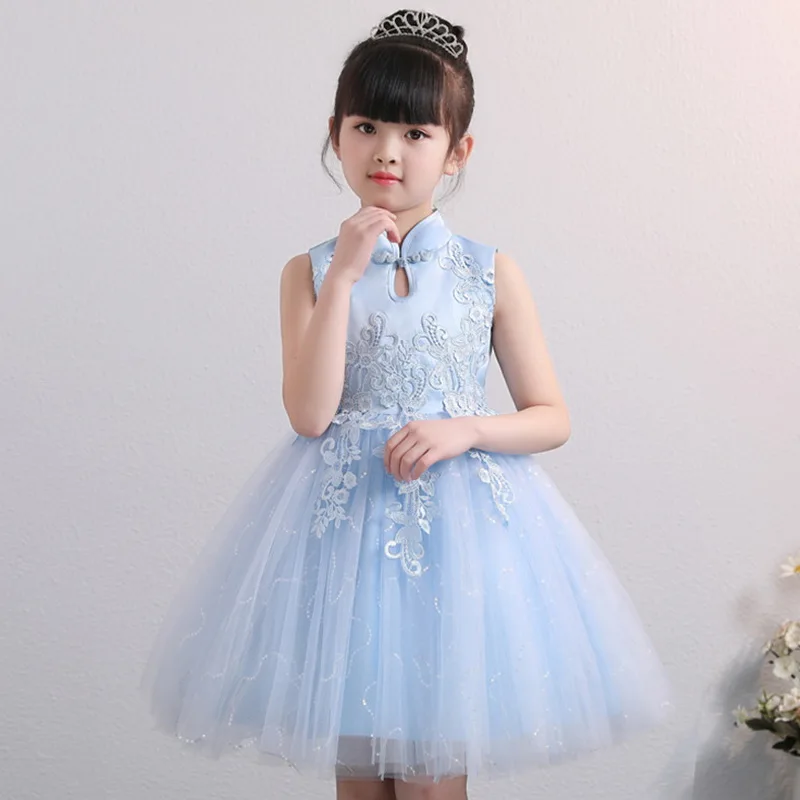 Рождественское кружевное платье для маленьких девочек; Модное детское платье в китайском стиле; костюм Ципао; праздничное платье принцессы для малышей; От 3 до 13 лет с цветочным узором для девочек