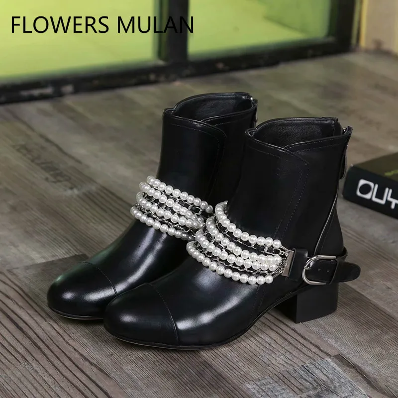 

2018 Black Ankle Boots British Fashion Pearl&Chain Genuine Leather Waterproof Motorcycle Black Ankle Martin Boots Woman Shoes 41