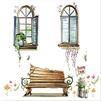 

Fake Windows Bench Potted Plant Wall Sticker Living Room Office Wall Decal Home Decor Wallpaper Poster Wall Decoration Appliques