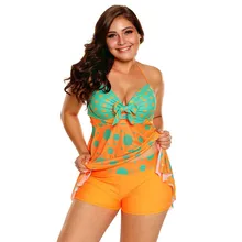 Женский купальник больших размеров Оранжевый Синий в горошек Танкини с принтом комплект купальник на завязках платье Топ пляжный купальный костюм бойшорт