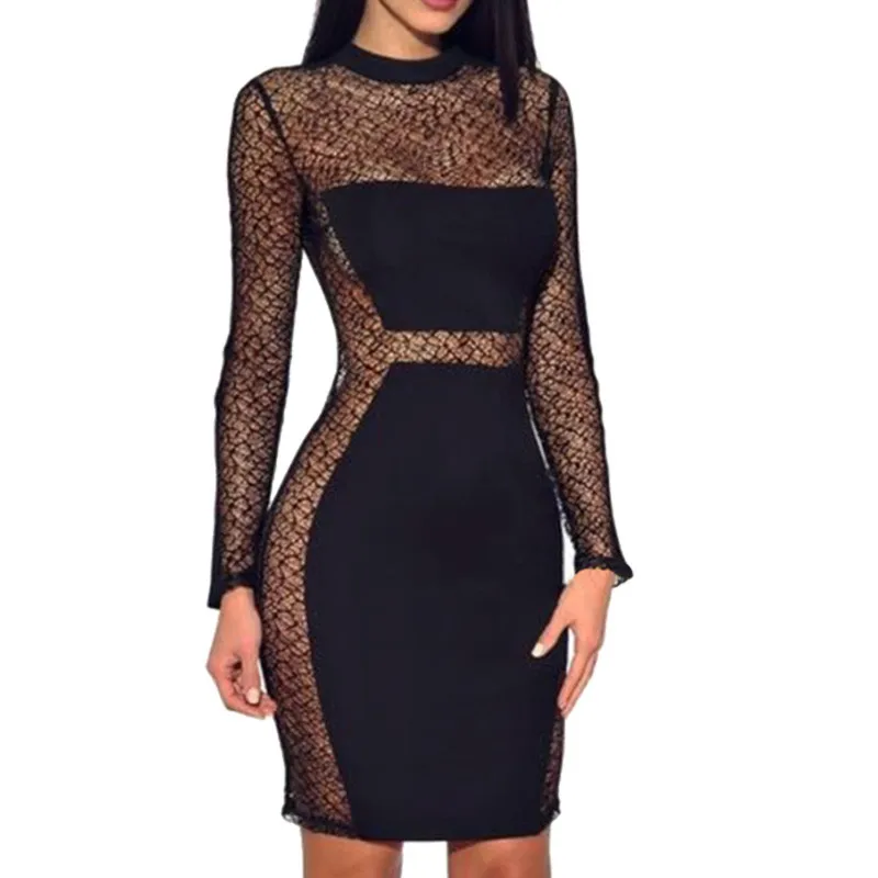 Black sheer lace long sleeve short dresses for women