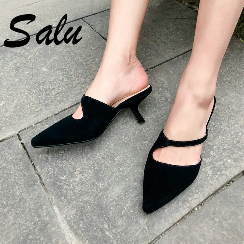 

Salu Fashion Solid Colors Pointed Toe Women Sandals Slip on Shallow Genuine Leather Kid Suede Sandals Single Shoes Woman