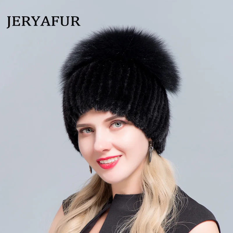 JERYAFUR женские модные бейсболки бини для натуральной лиса, норка для женщин натуральные зимние шапки вертикальные Диаманте высокого качества