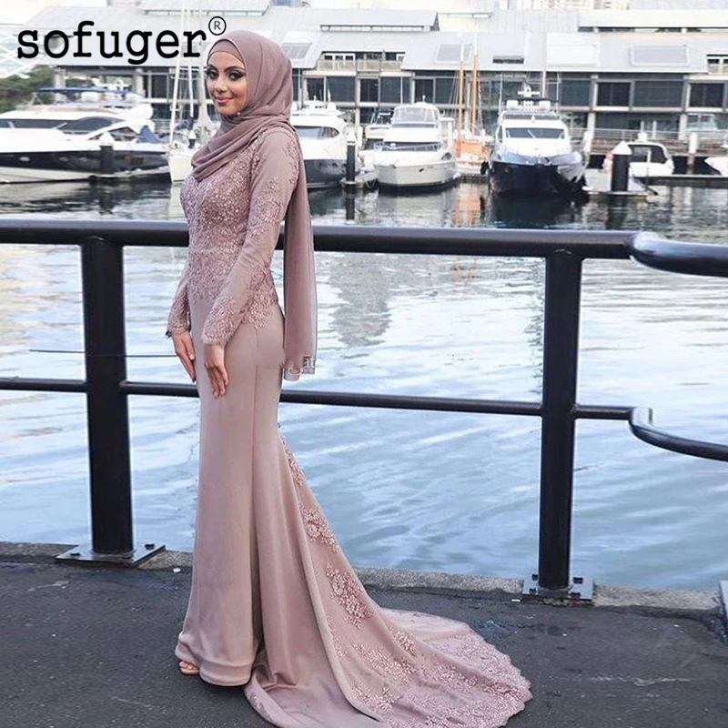Мусульманские Вечерние платья Сатиновые аппликации прямые длинные рукава с шарфом исламский Дубай Саудовская Арабская длинное вечернее платье для выпускного вечера