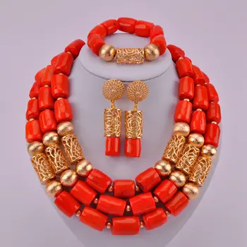 

Latest Orange Nigerian Necklace African Wedding Coral Beads Jewelry Set Costume Necklace Sets for Women CJS08