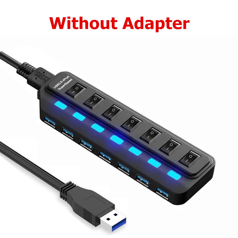 Концентратор USB 3,0, 4, 7 портов, светодиодный выключатель питания, USB высокоскоростной разветвитель, 5 Гбит/с, USB Hab, USB-HUB, EU, US, AU, UK адаптер - Цвет: 7 Ports no adapter