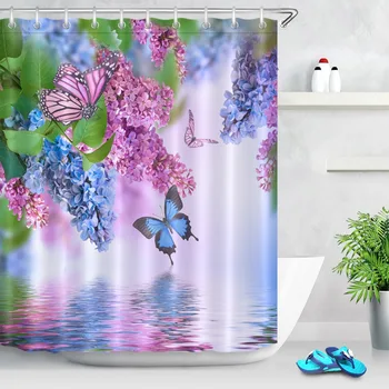 

72 inch Bathroom Waterproof Fabric Shower Curtain Polyester 12 Hooks Bath Accessory Sets Branch Flower Blue Pink Butterfly