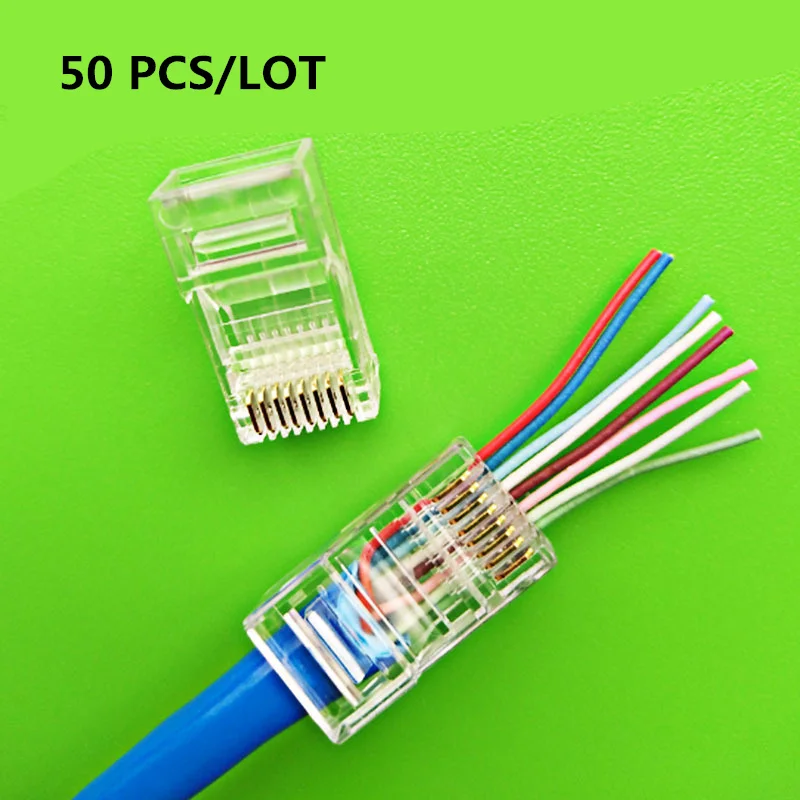 50 шт./лот соединитель RJ45 8P8C CAT5 неэкранированный сквозной отверстие позолоченная
