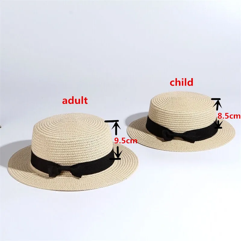 2019 Ver&atilde;o simples Praia Pai-Filho Chap&eacute;u Panam&aacute; Chap&eacute;u Do Sexo Feminino Casual Senhora Marca Mulheres Bowknot Straw cap borda Plana glris Chap&eacute;u de Sol