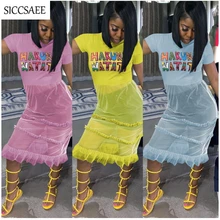 Short Sleeve Tee For Women Maxi Tshirt Dress Cartoon Letter Printed Patchwork Ropa Mujer Casual Streetwear Mesh Ruffles Summer