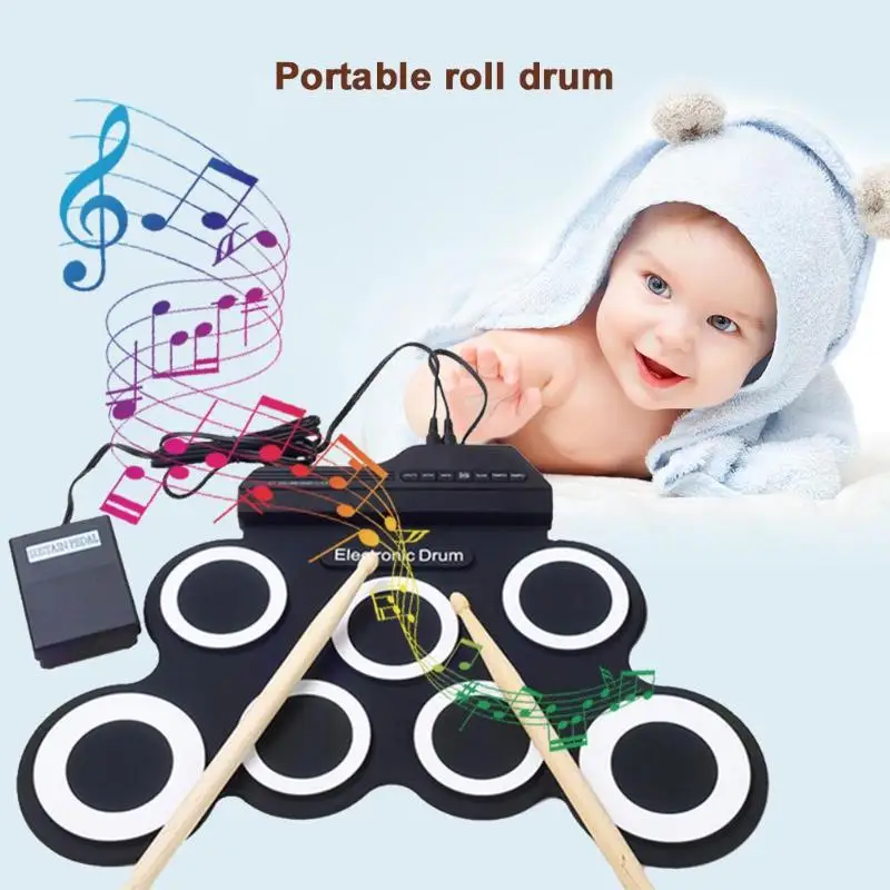 

Kids Simulation Electric Roll-up Drum with Drumsticks Manual Set Portable Children Musical Instrument Toys Music Training Tools