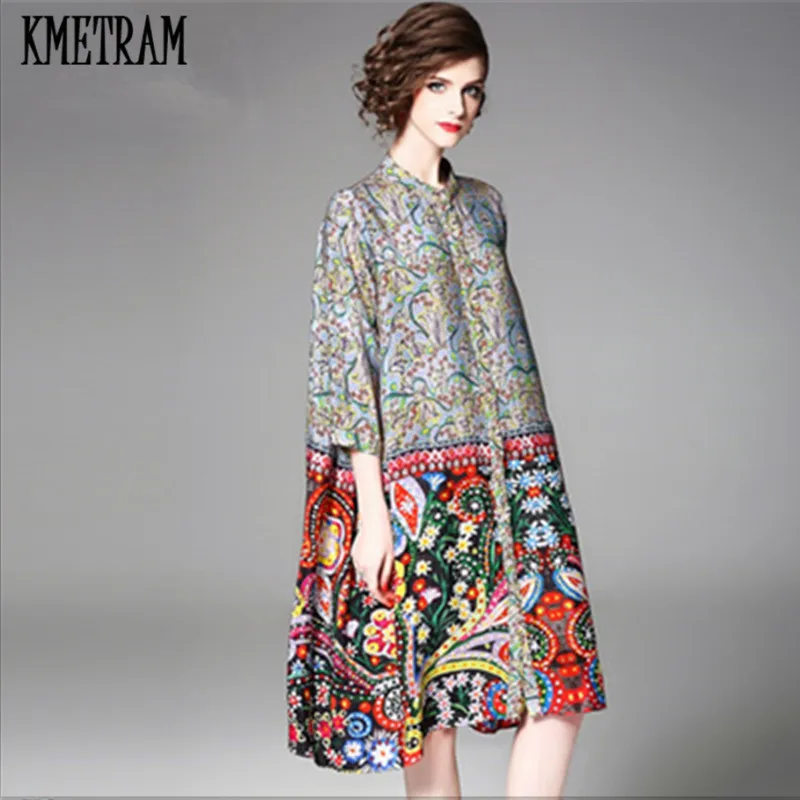 

KMETRAM 2019 New 100% Silk Dress Women Spring Summer Elegant Vintage Printing Loose Dresses Three Quarter Sleeves Vestidos HH805