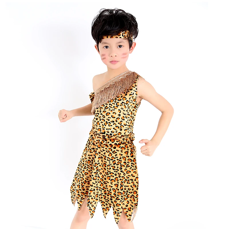 Children Savage Caveman Costumes Boy Leopard African tribal Hunter clothing for girl Performance costumes cosplay dress children costumes
