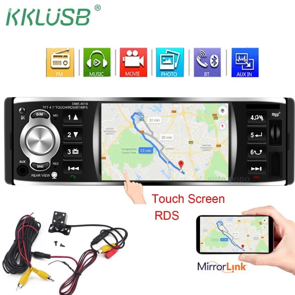 

autoradio car radio 1 din 12v 4.1 inch touch screen auto audio mirror link rds stereo bluetooth rear view camera usb aux player