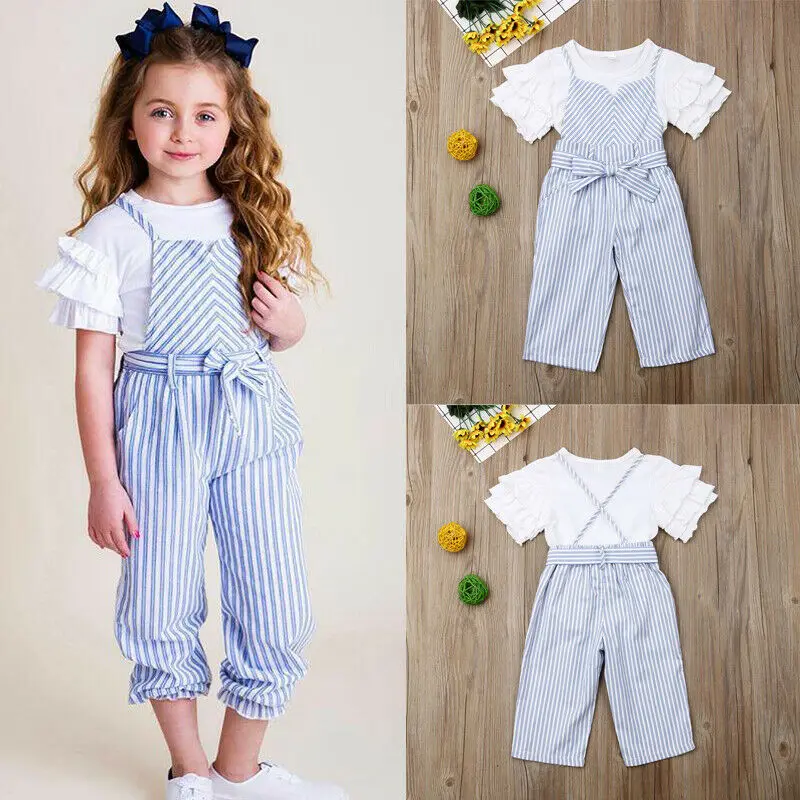 Pudcoco Toddler Baby Girl Clothes Cotton Ruffle T-Shirt Tops Striped Overalls Pants 2Pcs Outfits Summer Clothes