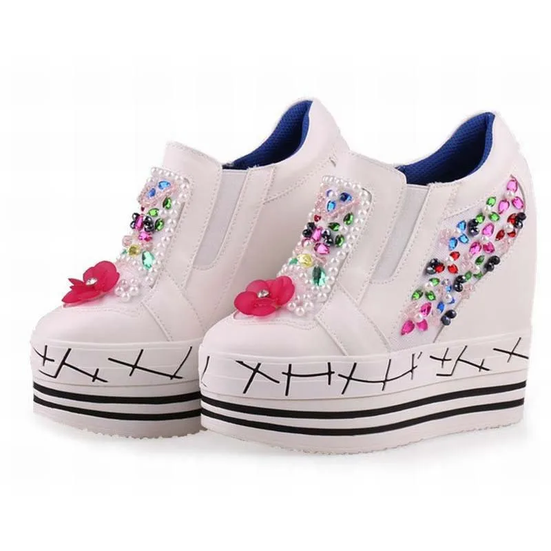 

2017 handmade beading rainbow gem rhinestone canvas high platform heignt increasing wedges casual shoes elevator slip on loafers