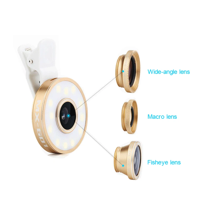 

Ecusells Fisheye Fish Eye Lens + Wide Angle Macro Camera Lens with LED Flash Light for Smartphone Lentes