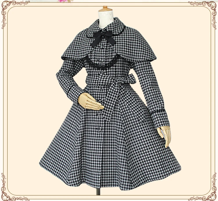 

DOG TOOTH Fashion Noble Women 2018 Autum Winter Lolita Princess Vintage Dress col Claudine Cape Slim Warm Overcoat Free Shipping