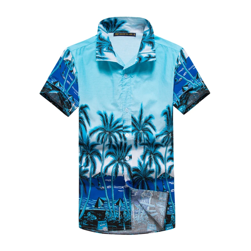 

2019 Summer Loose Men's Plus Size T-shirts Fashion Coconut tree Printed Beach T-shirt Short sleeve Turndown collar Tops