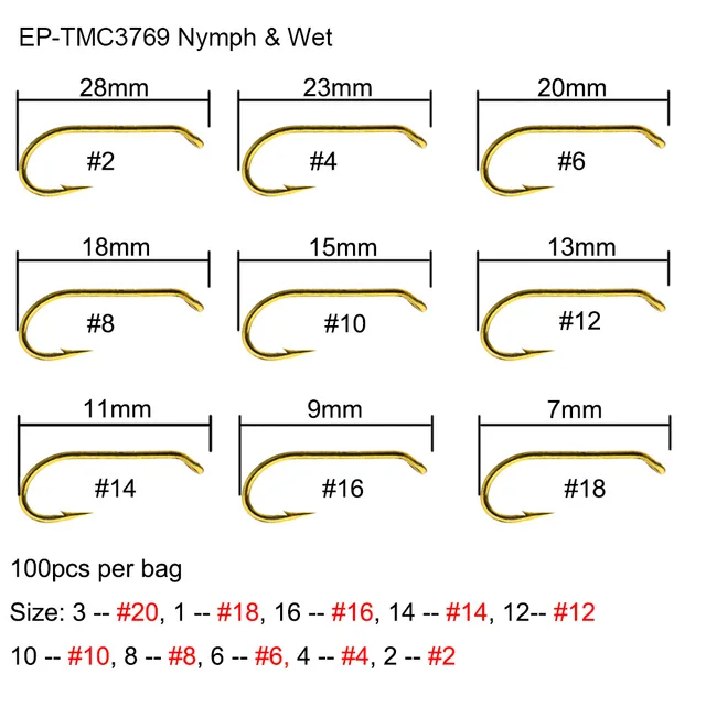 Eupheng 100pcs EP TMC3769 Wet And Nymph 2X Heavy Standard Sproat Bend ...