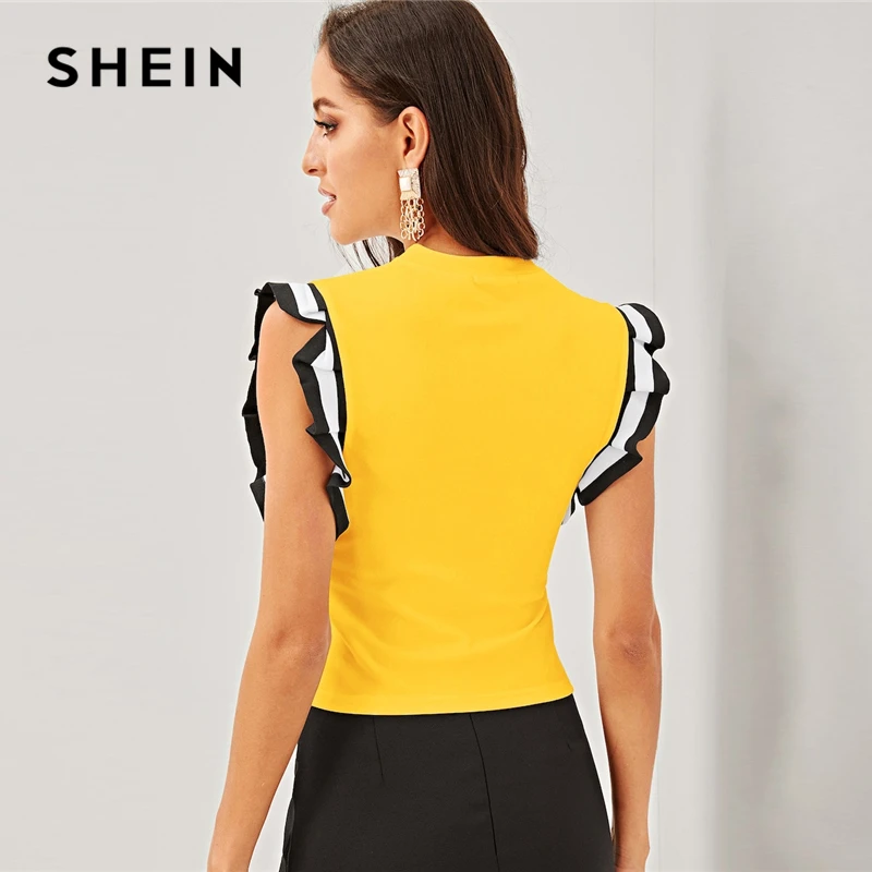 SHEIN الأصفر موك الرقبة مخطط مطوي كشكش الكم أعلى النساء الوقوف طوق بلا أكمام تي شيرت السيدات الربيع بسط تيز SHEIN الأصفر موك الرقبة مخطط مطوي كشكش الكم أعلى النساء الوقوف طوق بلا أكمام تي شيرت السيدات الربيع بسط تيز