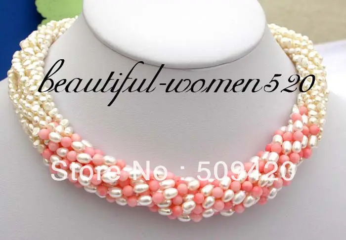 

Free Shipping>>>Luster 10strands baroque white freshwater pearl pink coral necklace