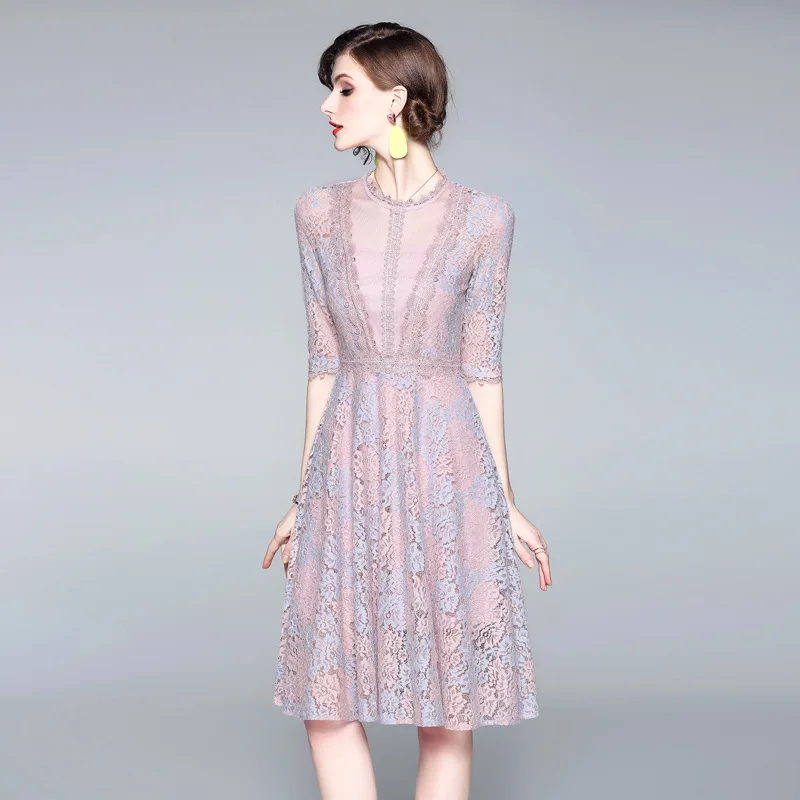 Online Verano 2019 nuevos vestidos de encaje de doble color Sexy de malla de longitud media en forma de A de europeo y vestido de mujer famosa americana