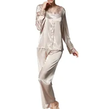 Весенне-осенние женские пижамные комплекты из искусственного шелка, Женская кружевная шелковистая пижама из 2 предметов, комплект со штанами, пижама для сна, Lounge AB280