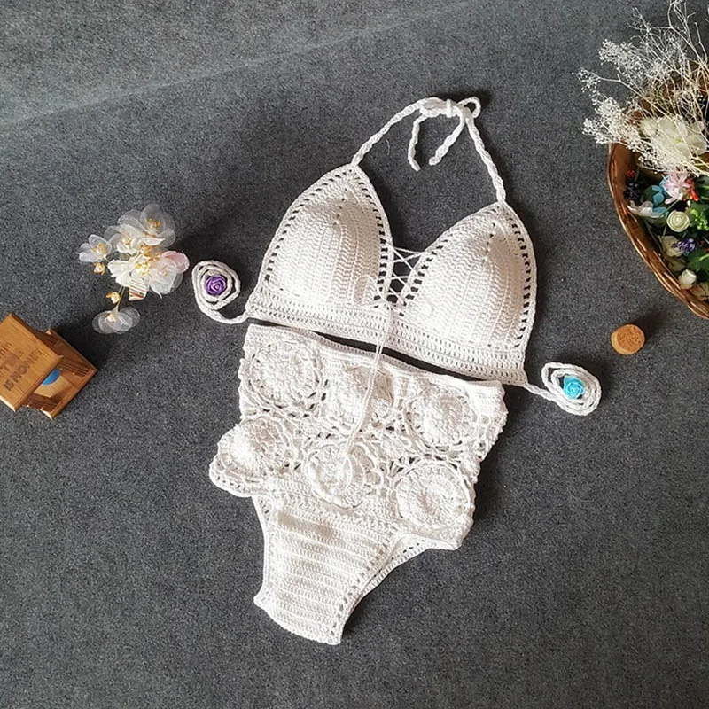 Handmade Crochet Bikini Knitting Swimsuit Hollow Sexy Knitted Beach Women Swimwear High Waist Triangle Secret  (13)