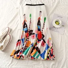 Летние женские с высокой талией юбки каваи мультфильм фрукты печати длинная Плиссированная юбка эластичная талия до середины икры Harajuku юбка Faldas
