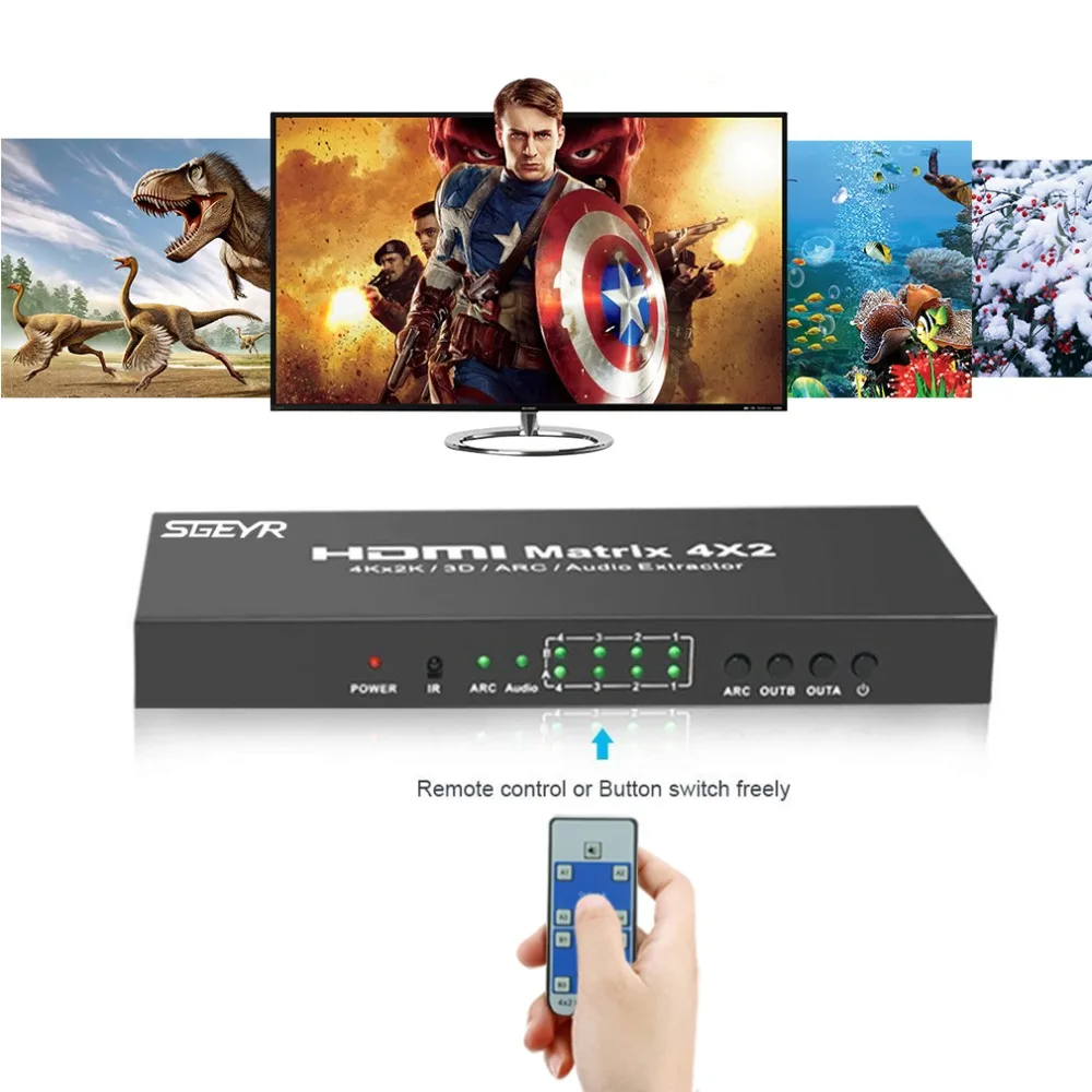 HDMI Matrix SGEYR 4x2 HDMI Matrix Switch Splitter 4Kx2K 4 in 2 Out HDMI Switcher with 3.5mm Audio Extractor+Optical HDMI Matrix SGEYR 4x2 HDMI Matrix Switch Splitter 4Kx2K 4 in 2 Out HDMI Switcher with 3.5mm Audio Extractor+Optical