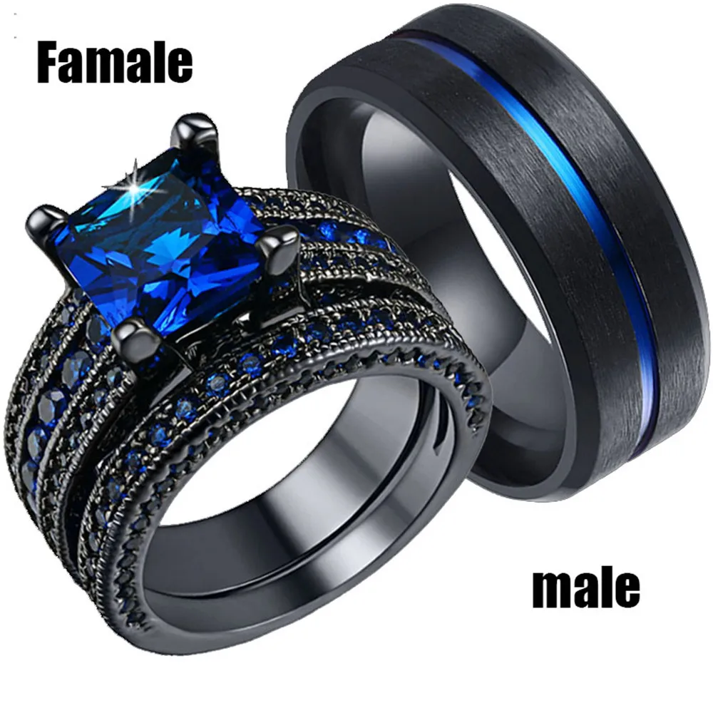 Black Silver Engagement Wedding Couples Ring Set Womens 2pcs Princess White CZ Blue Mens 316L Stainless Steel Jewelry