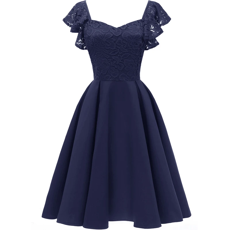 1950s винтажное свободное платье, женское кружевное платье, v-образный вырез, без рукавов, оборки сзади, молния, высокая талия, элегантное ТРАПЕЦИЕВИДНОЕ ПЛАТЬЕ для вечеринок, женские платья - Цвет: Синий