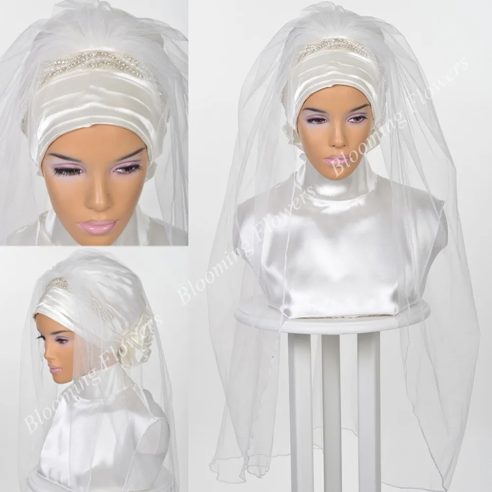 

Muslim Bridal Hijab 2019 Crystals Beading Islamic Wedding Veils Cut Edge Turban for Brides Tulle Satin Head Cover Elbow Length