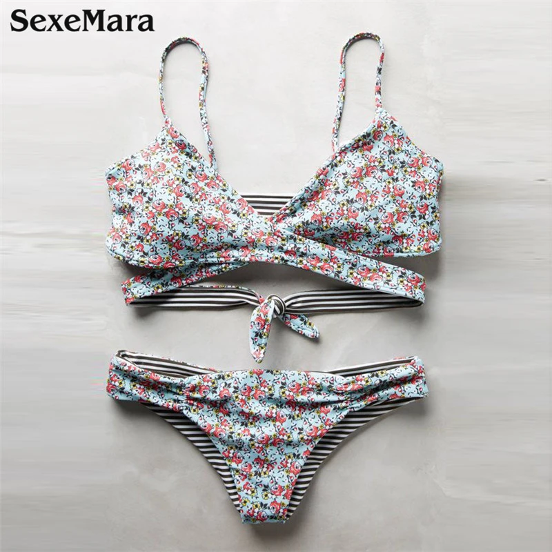 

2019 SexeMara Brand Sexy tie knot bikini women two piece set swimwear cross Push Up swimsuits model Beach wear floral Printed