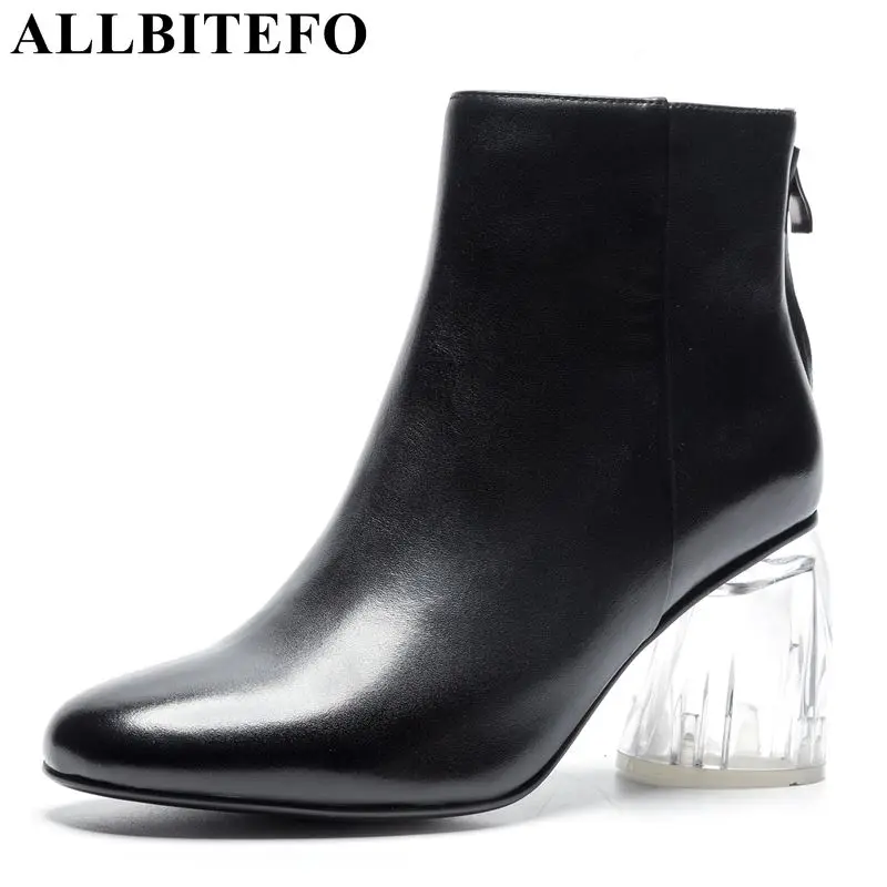 

ALLBITEFO natural genuine leather women boots Transparent heel design high heel shoes for girls ankle boots motorcycle boots