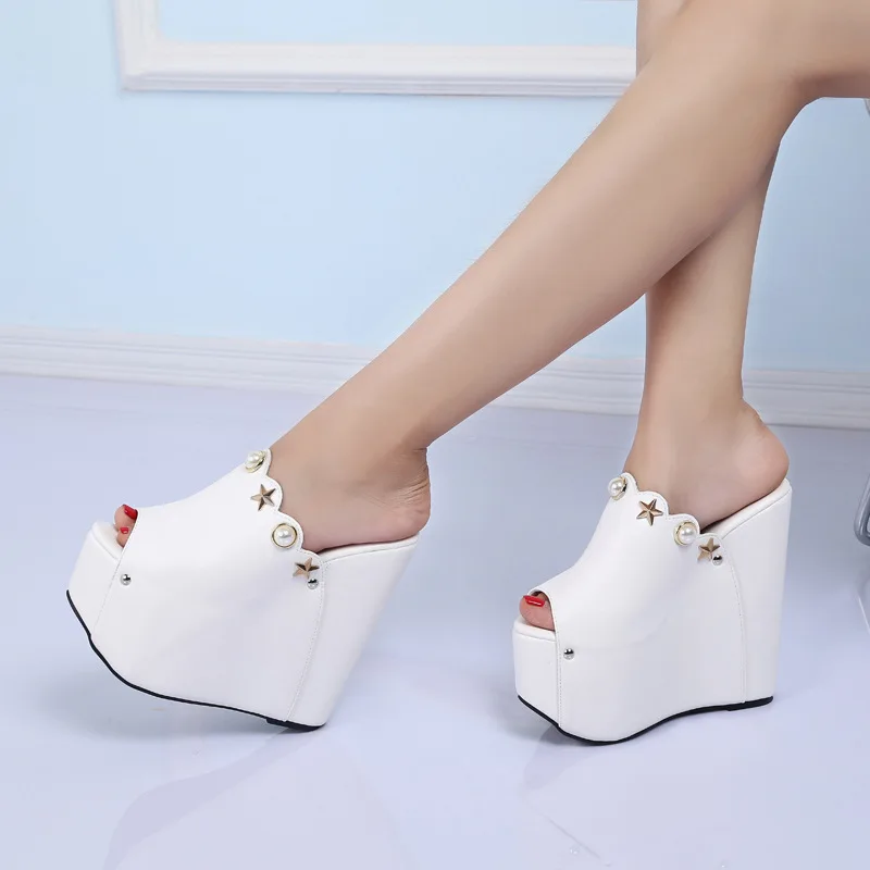

2018 New Summer Woman Shoes High Heels 16CM Wedges Pearl Female Slippers Somen Platform Sandals Open Toe Women White Footwear